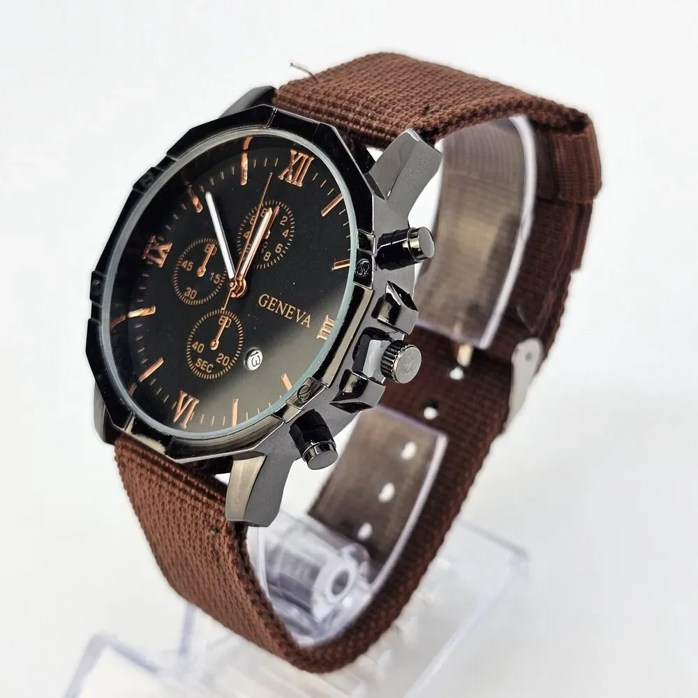 Men's Watch 42MM Black Dial Black Case Brown Canvas Band‎ Straps Date Indicator